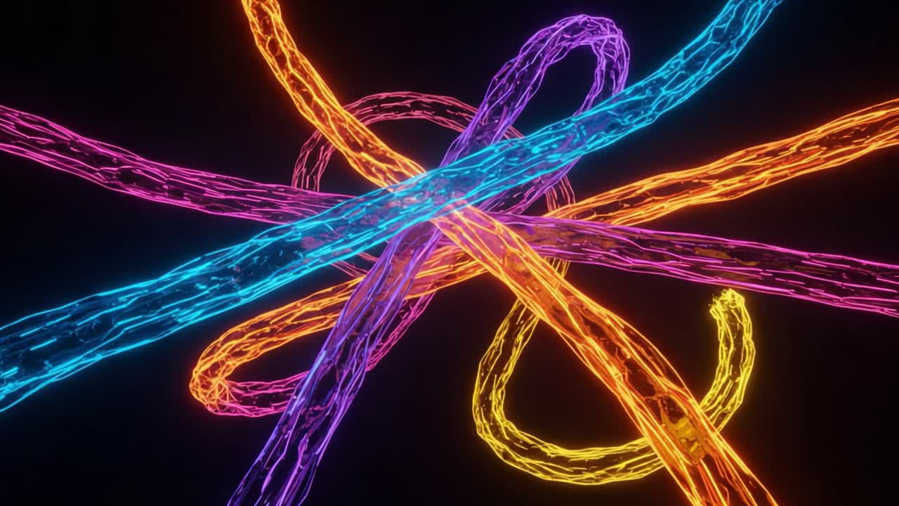 An Intricate Display of Colorful Neon Wires Intertwined in a Dynamics Movement, Creating a Vivid and Mesmerizing Visual Experience with Light and Motion