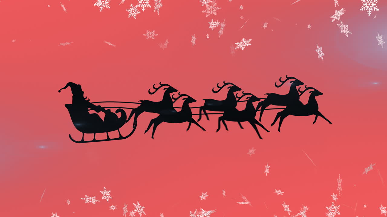 Animation of santa claus in sleigh with reindeer over snow falling on red background