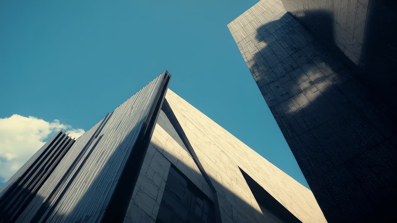 Rolling camera starting low-angle capture at city plaza, tilting upward to reveal slat-clad facade
