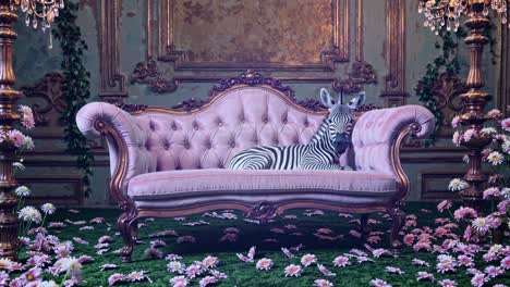 zebra on a pink sofa in a floral setting