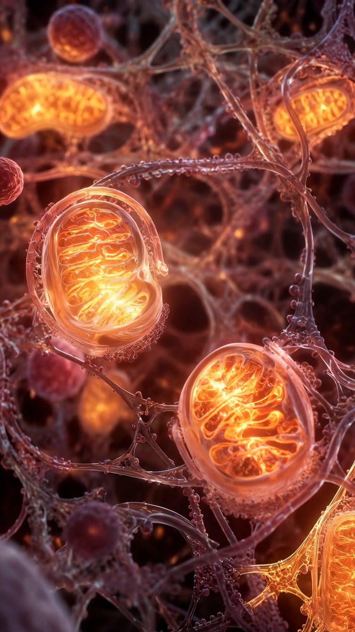 Escena en movimiento en primer plano de orgánulos ovales brillantes a la deriva a través de una densa matriz celular filamentosa, con luz naranja cálida, superficies translúcidas, contraste suave y una intrincada textura biológica.