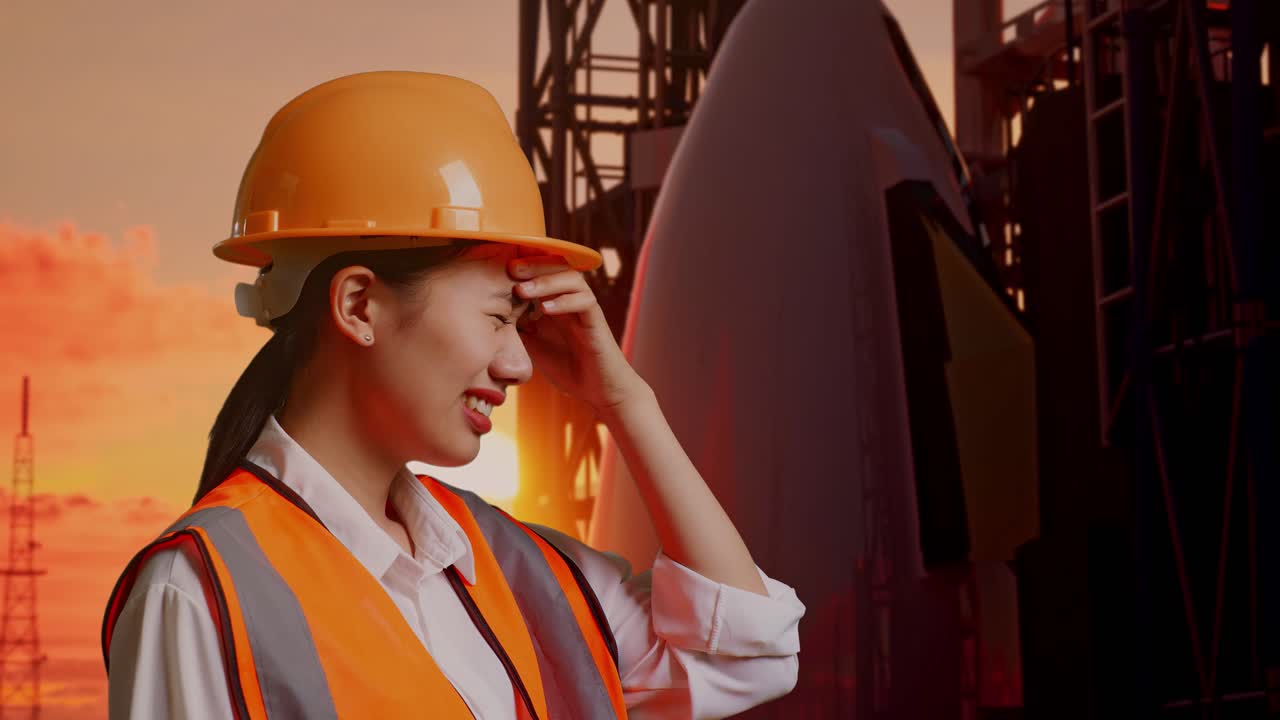 vista lateral de cerca de una ingeniera asiática con casco de seguridad que tiene dolor de cabeza mientras trabaja con el transbordador espacial, hora de la puesta del sol