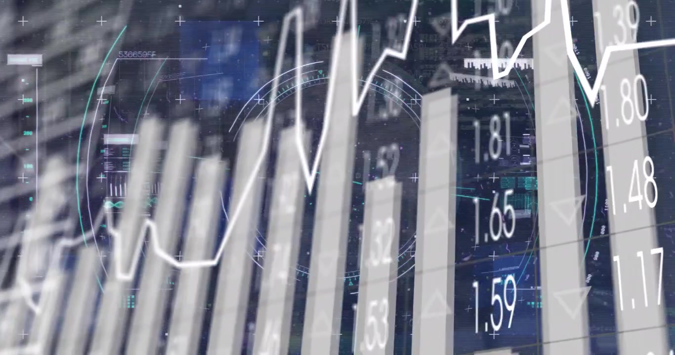 Animation einer Weltkugel, eines Suchers, von Diagrammen und Finanzdaten auf einem digitalen Bildschirm.