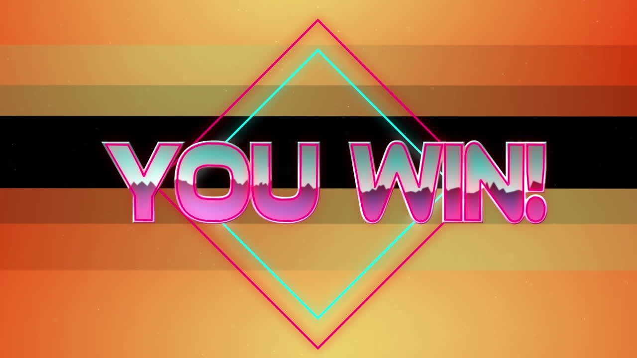 Animation of you win text in pink metallic, over neon lines on orange and black