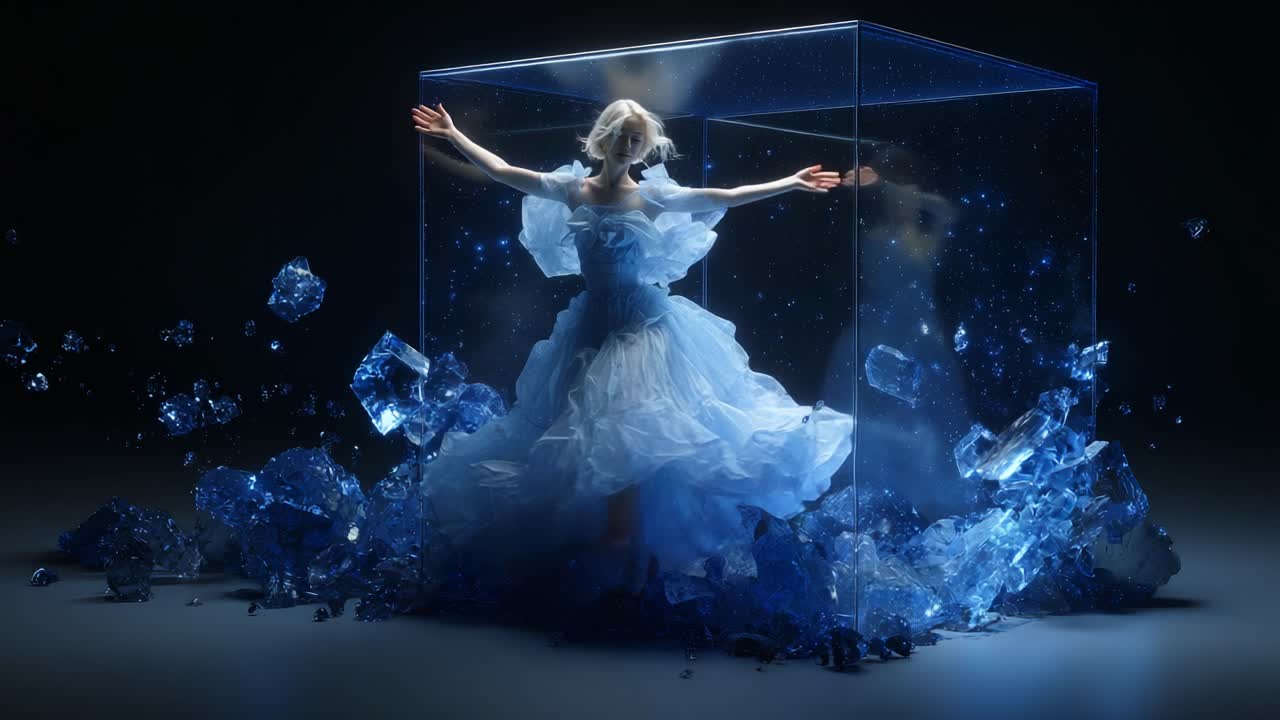 A stunning visual journey showcases a figure in an ethereal blue gown trapped inside a crystal box, surrounded by shimmering ice formations, radiating magic and elegance