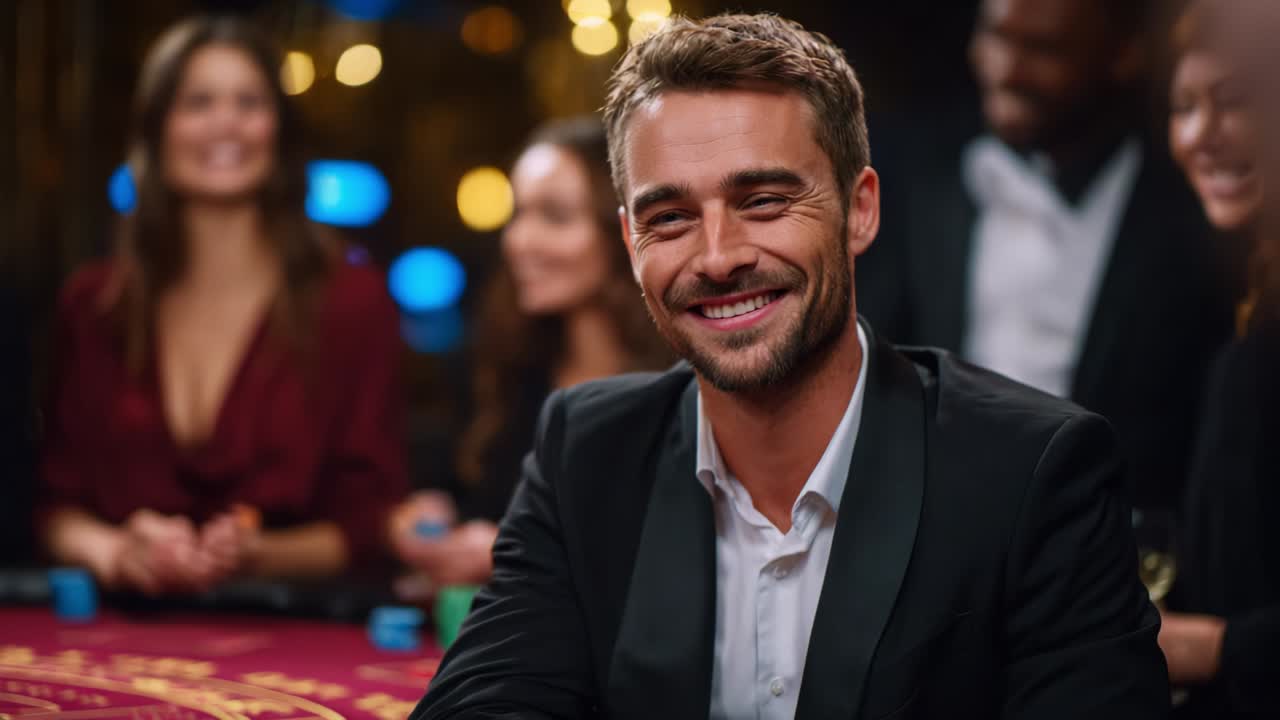 A Confident and Charming Player Enjoys an Exciting Evening at a Lavish Casino Table Surrounded by Friends, Radiating Joy and Winning Spirit, Making Memories Together in a Night Full of Laughter and Entertainment