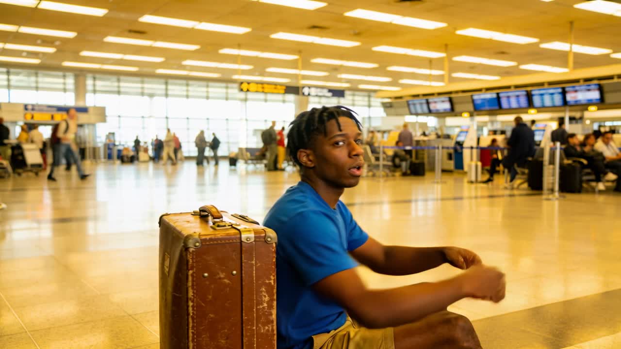Adolescente irrequieto in maglietta blu che reagisce alla folla che passa, in attesa del volo al terminal, con una valigia usurata.