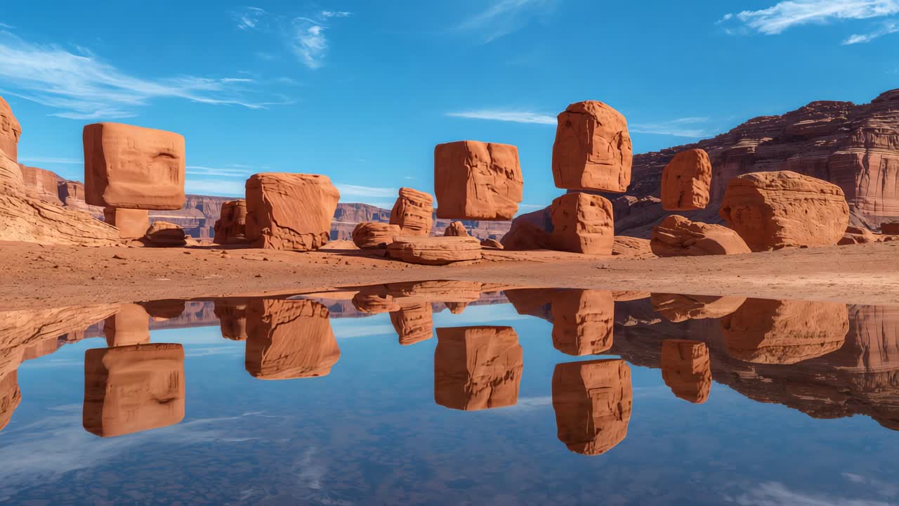 Gravity dropping sandstone cubes onto canyon shore, bouncing, rolling to rest with reflective pool