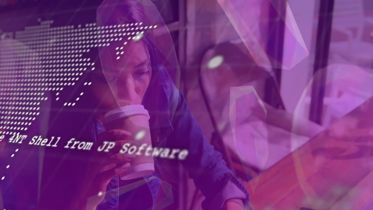 Woman drinking coffee in technology workspace, showing digital world map and scrolling code overlay