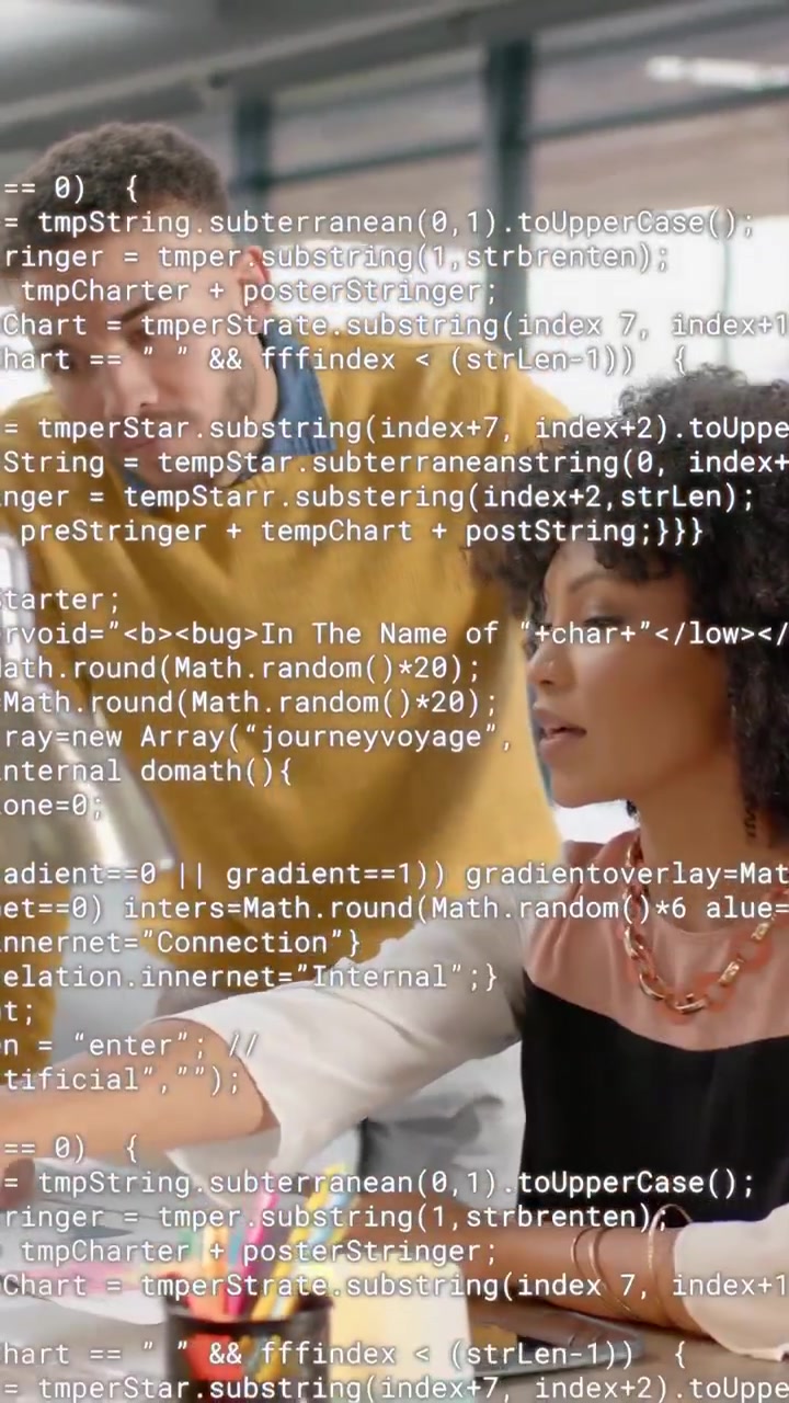 Vertical video: Woman tapping tablet, man leaning, code overlaying then clearing for design