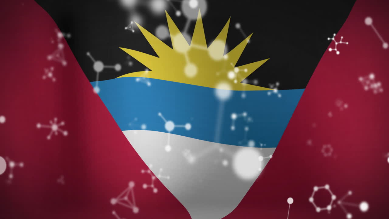 Antigua and Barbuda flag with scientific data processing animation overlay