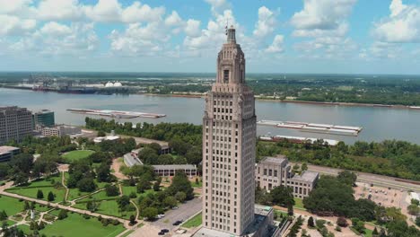 aerial of louisiana state capital building and surrounding area in baton rouge, louisiana