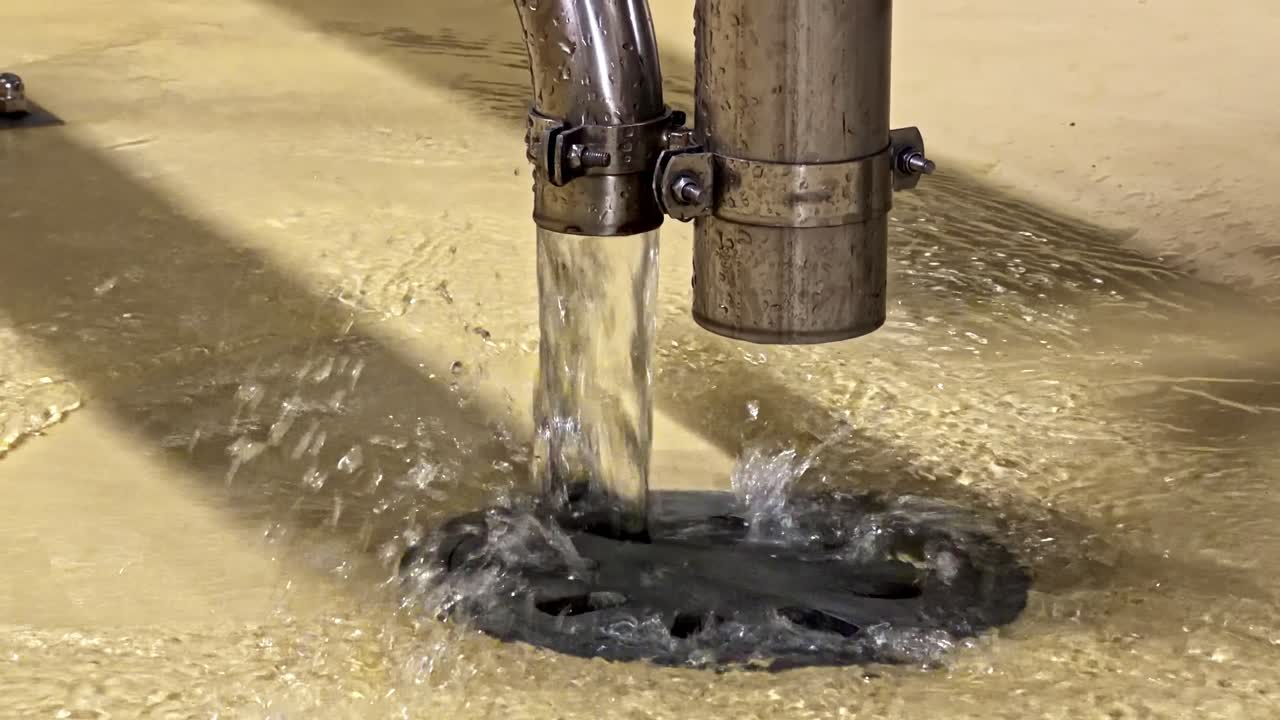Primo piano di acqua che scorre da un tubo di acciaio inossidabile in uno scarico su un pavimento industriale, schizzando e vorticando — igiene, acque reflue e processo di pulizia in una fabbrica.