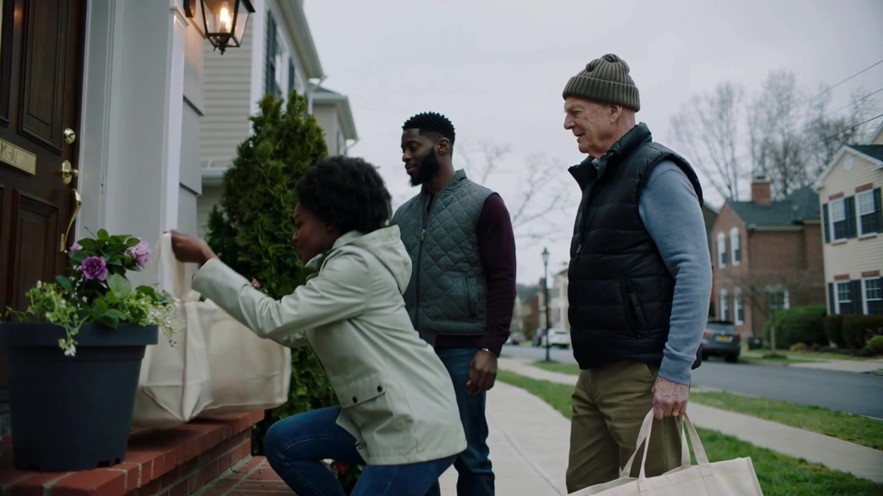 Delivering groceries, three neighbors walking to porch, woman in green jacket placing canvas bags