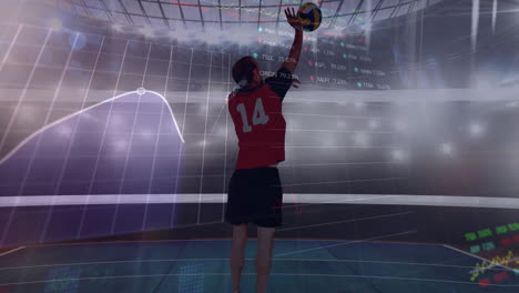 animación de gráficos y procesamiento de datos sobre un jugador de voleibol masculino en acción en un estadio deportivo