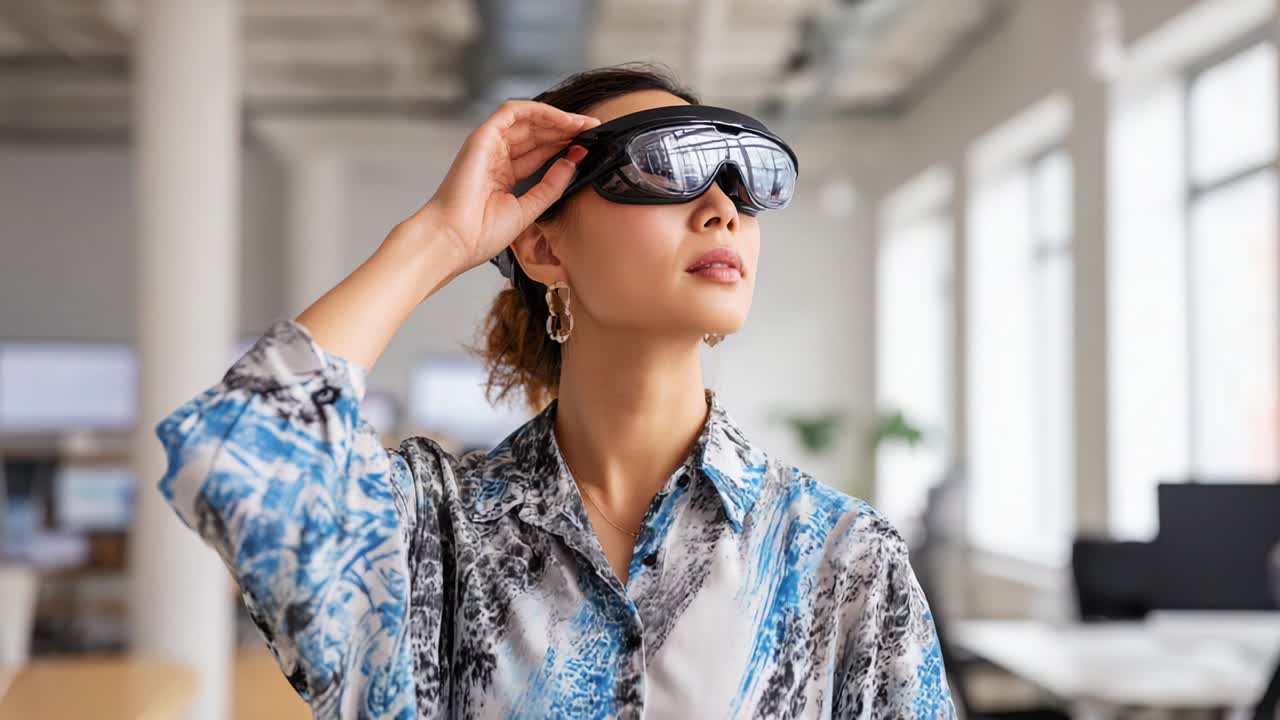 A Stylish Woman Wearing Innovative Smart Glasses in a Modern Office Environment, Showcasing the Intersection of Fashion and Technology with Futuristic Accessories in a Bright Workspace Setting
