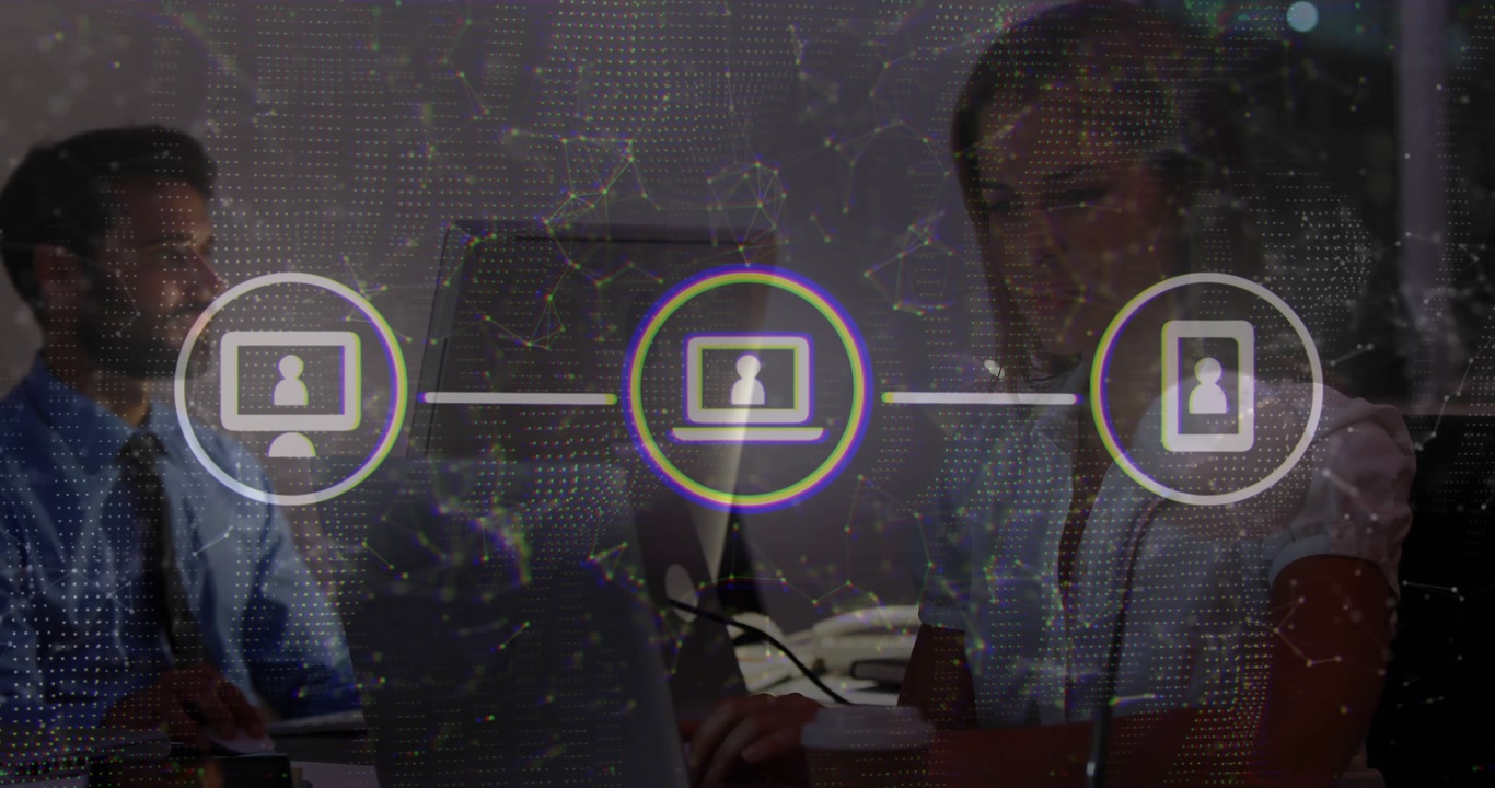 Business colleagues initiating overlay with pulsing monitor mobile icons while typing and calling