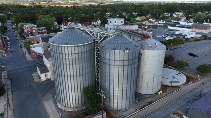 Brock grain bins in downtown in USA town