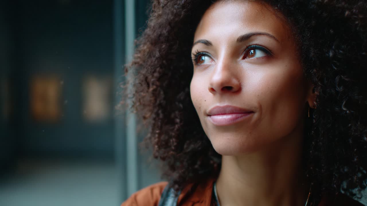 Contemplative Woman Gazing Out with Curly Hair in an Artistic Space Filled with Soft Lighting and Subtle Background Elements Enhancing the Mood of Reflection