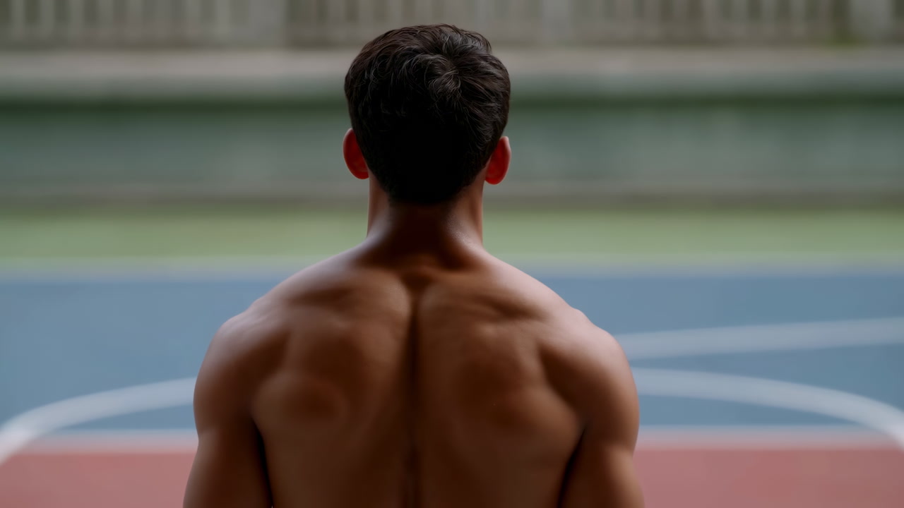 Shirtless Male Athlete Back View Court, Solitary Sprinter Preparing For Start, Muscular Shoulders And Defined