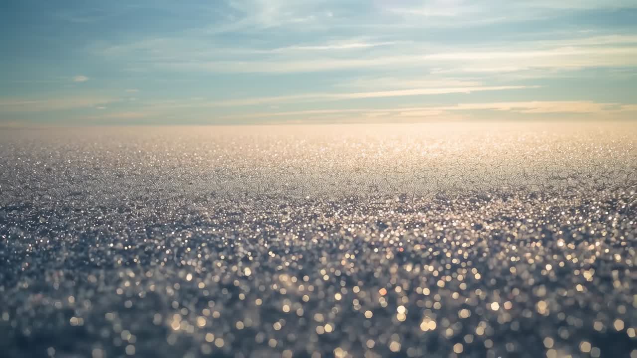 視点を変え、カメラが輝く水晶の表面を低い地平線に向けて捉え、暖かい太陽が輝く。