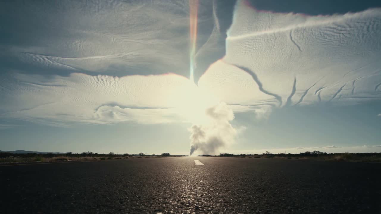 Filmsol viser en støvsøjle, der dannes ved horisonten, stiger op langs vejens midterlinje, mens den kaster et lysglimt.