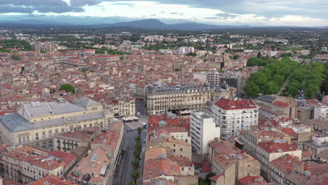Left-to-right-traveling-morning-aerial-view-of-Ecusson-Montpellier-France