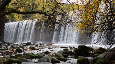 waterfall and river in autumn woodland