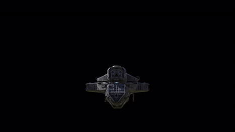 giant spaceship landing front view, black background suitable for overlay with alpha channel matte blending option, seamless integration into various sci-fi concepts and scenes