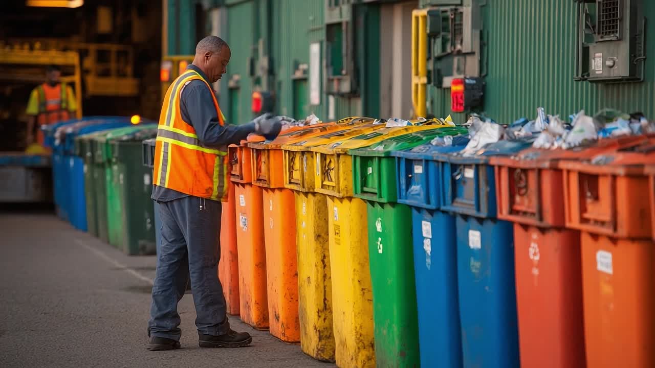 Trabajador separa reciclables en contenedores de colores brillantes en una instalación