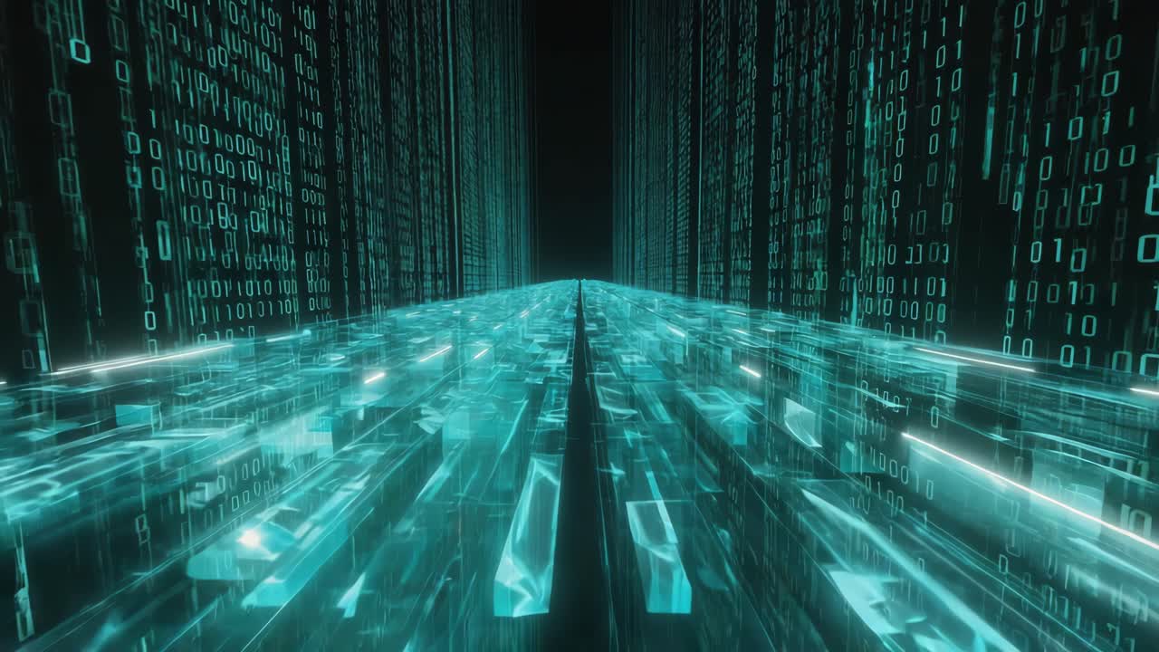 Abstract Digital Tunnel with Binary Code and Glowing Structures