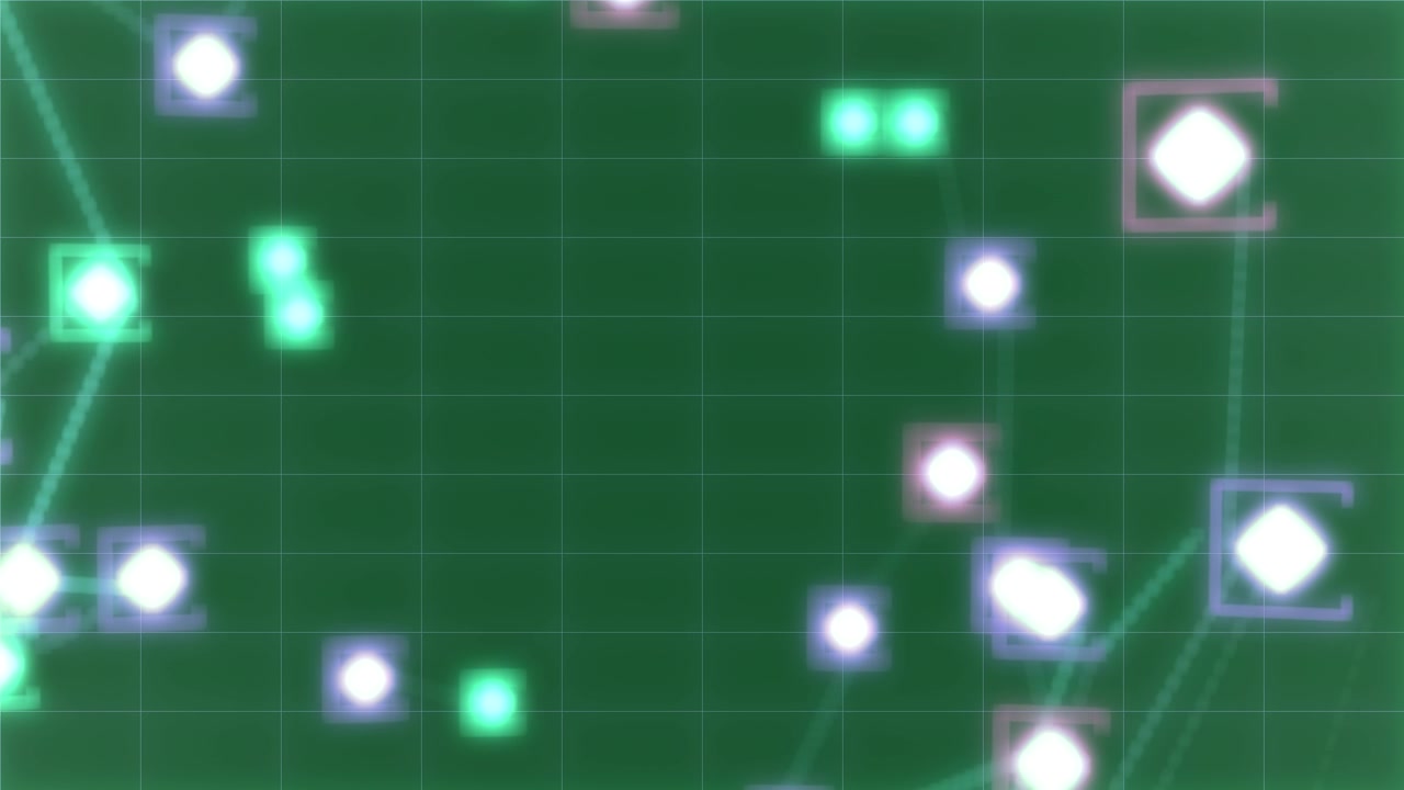 Cyan dashes drifting inward neon nodes forming links and pulsing creating ring on transparent grid