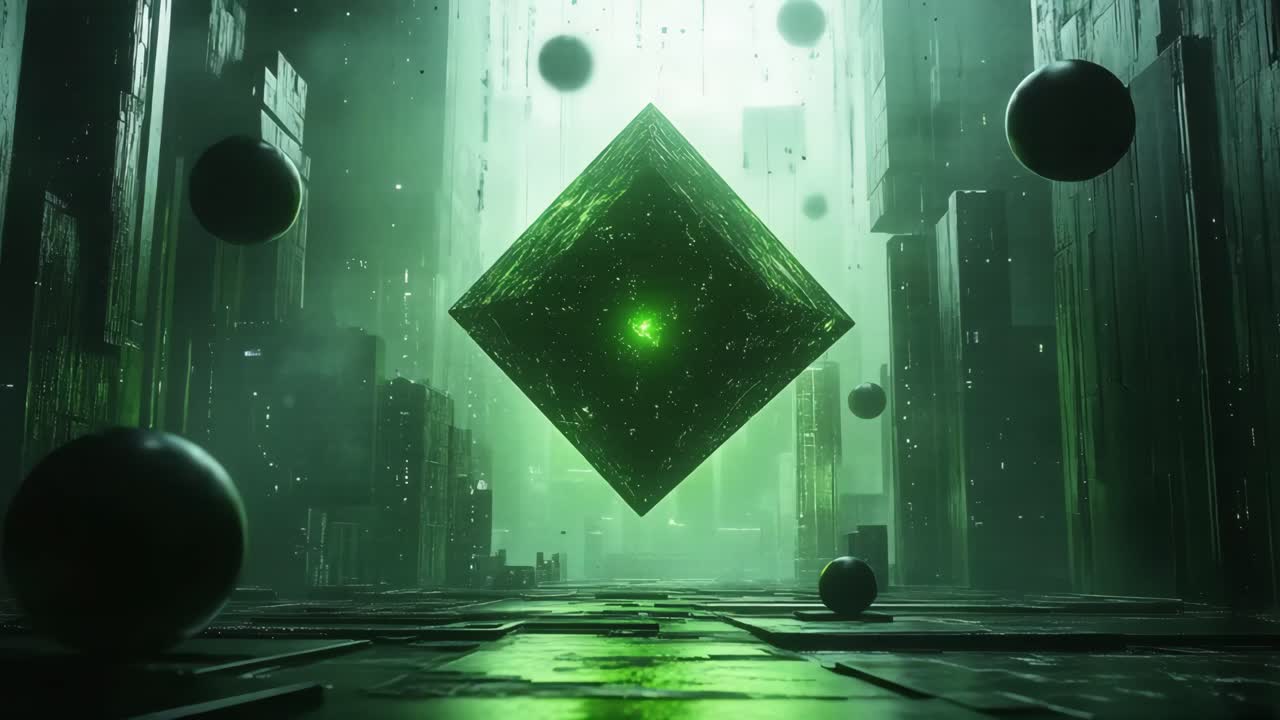 Floating Green Crystal in a Futuristic City