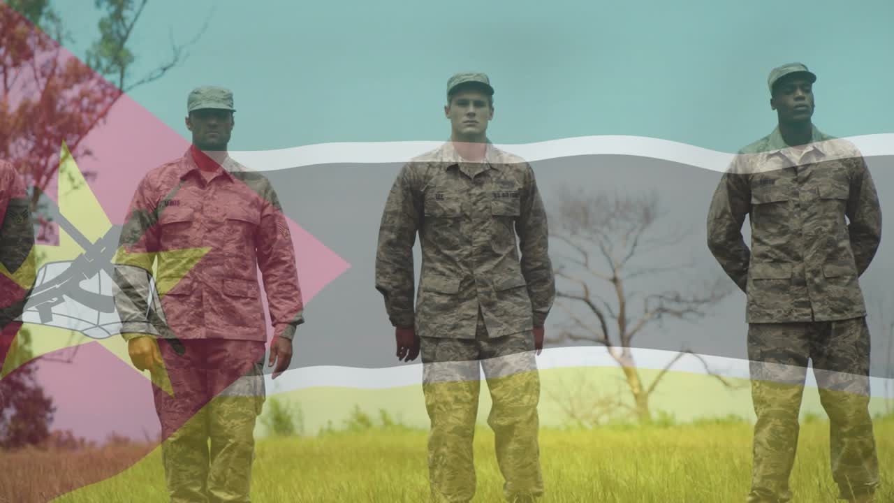 Military unit standing under Mozambique flag fading, stripes waving, new soldier stepping, relaxing