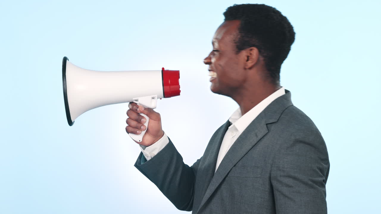 Megaphone, protest and black man screaming