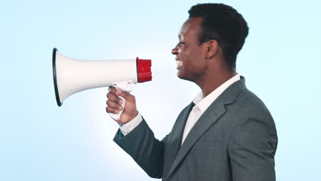 megaphone, protest and black man screaming