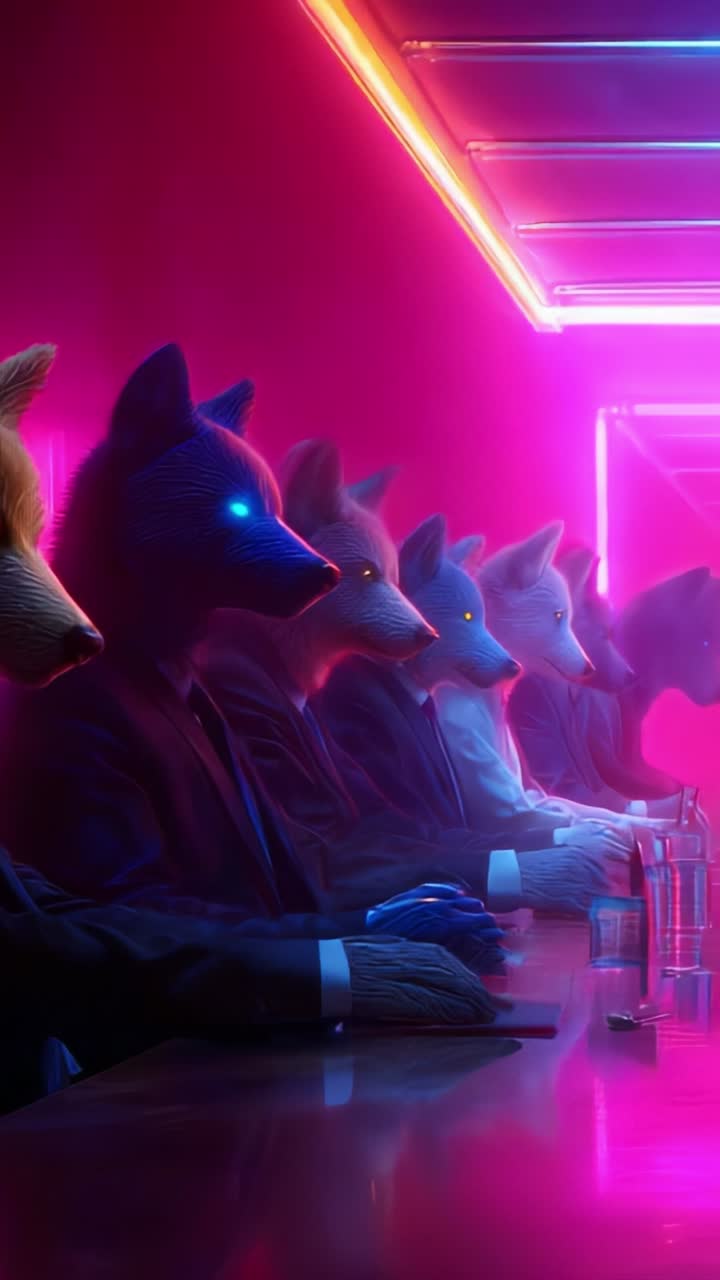 A Mystical Gathering of Canine Figures in Suits Against a Neon-Lit Backdrop, Emanating Enigmatic Energy and Surreal Atmosphere in a Futuristic Setting