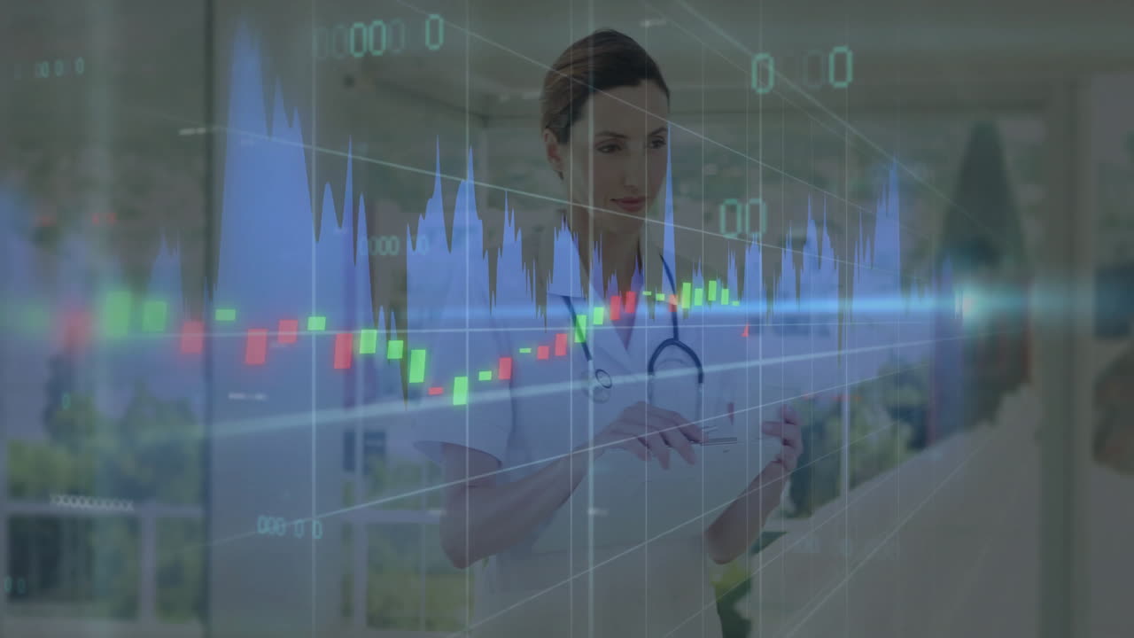 Female doctor holding tablet and wearing stethoscope in clinic, showing animated candlestick chart
