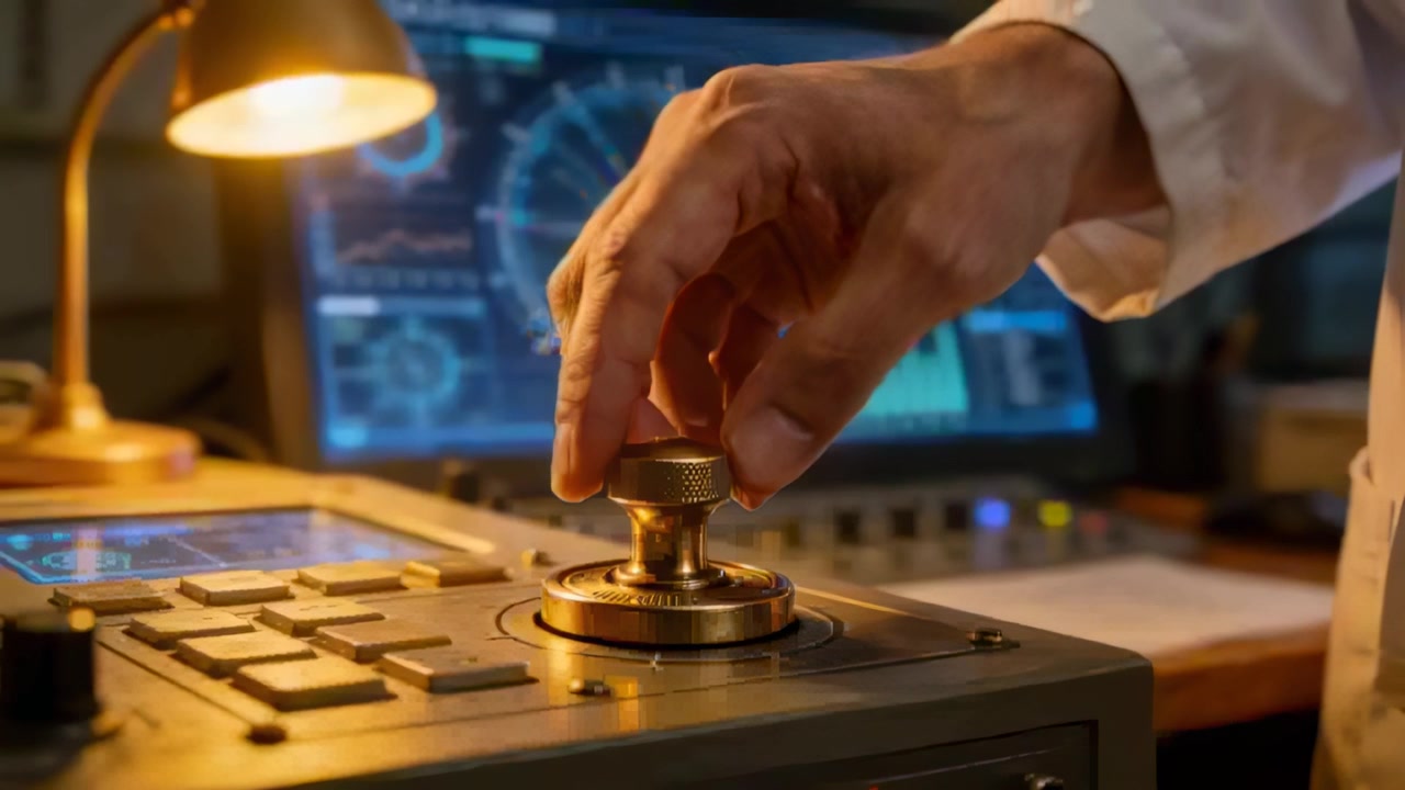 Turning operator in white coat adjusting brass knob at console, prompted by radar displays