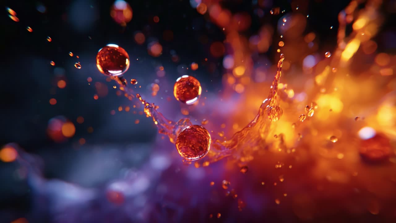 Esplosione dinamica di goccioline di liquido colorate in movimento, che cattura la vivacità e l'energia della fluidodinamica con dettagli straordinari e un impatto visivo notevole