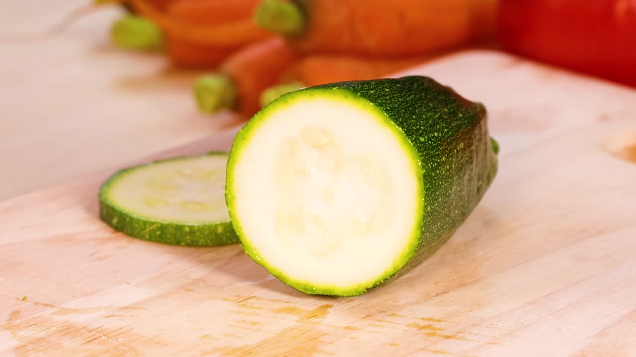 손은 토마토와 당근과 함께 호박을 잘라