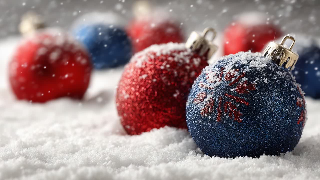 A Festive Display of Glittering Ornaments: Red and Blue Christmas Baubles Nestled in Fresh Snowflakes, Creating a Winter Wonderland Ambiance