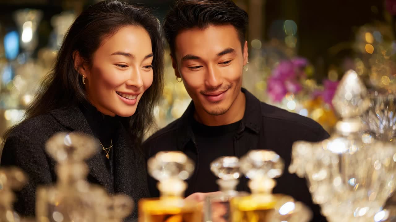 A Romantic Evening Amidst Sparkling Fragrances: A Couple's Sweet Exchange at a Luxurious Perfume Boutique Surrounded by Glass Bottles Capturing Their Joyful Connection and Shared Moments in Elegance