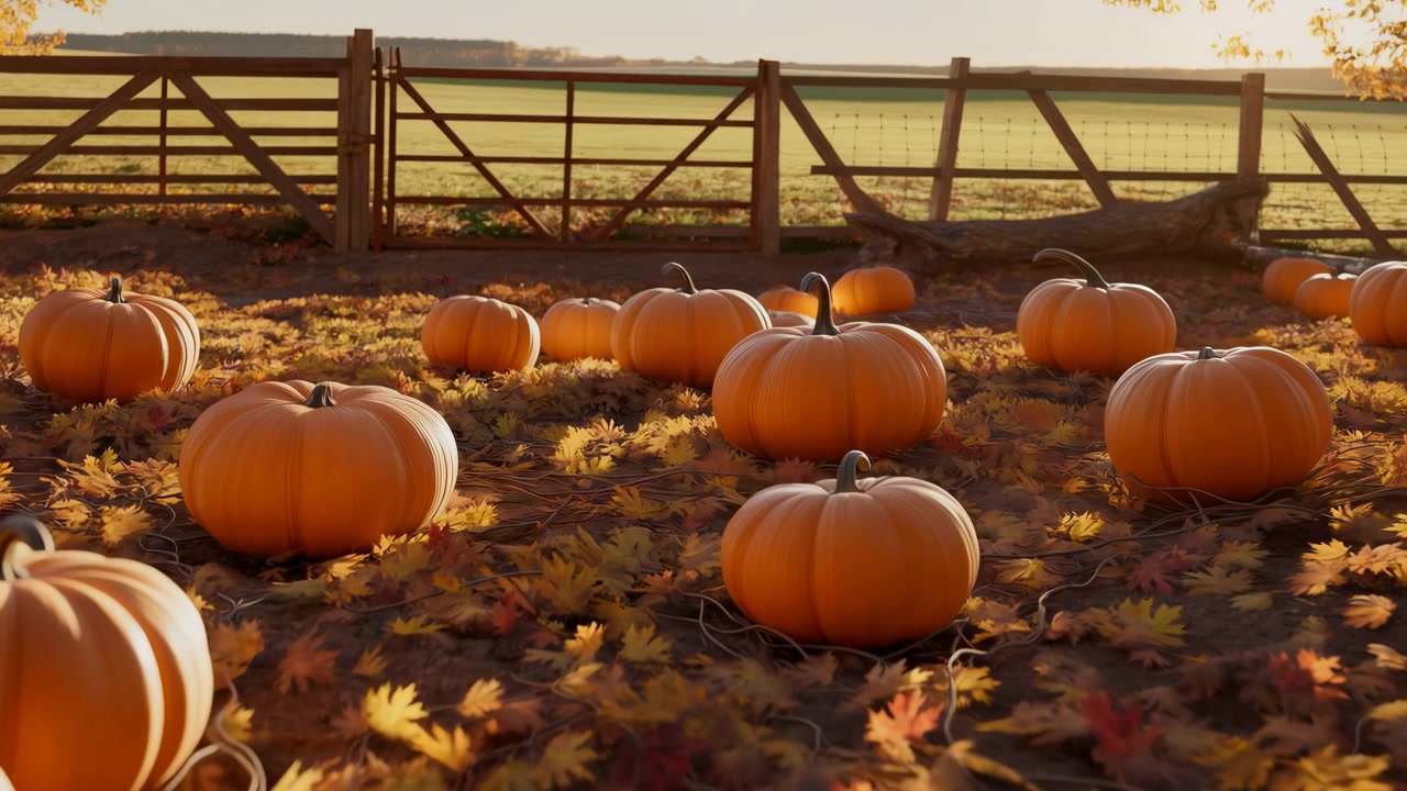 Champ de citrouilles à l'heure dorée, citrouilles ensoleillées sur un lit de feuilles d'érable tombées près d'une clôture en bois rustique en milieu rural