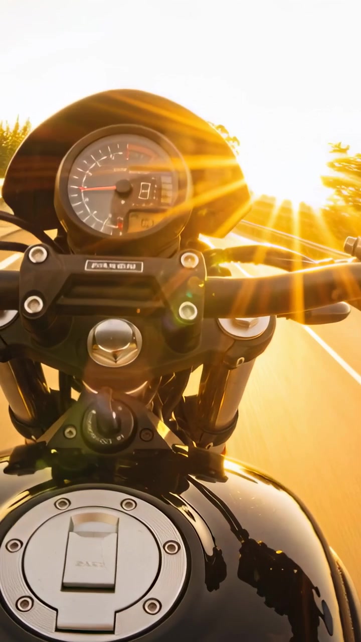 Vídeo vertical: Piloto acelerando moto em estrada rural, com câmera no tanque mostrando o brilho do painel.