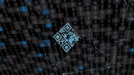 Animation-of-network-of-connections-and-qr-code-with-icons-over-dark-background