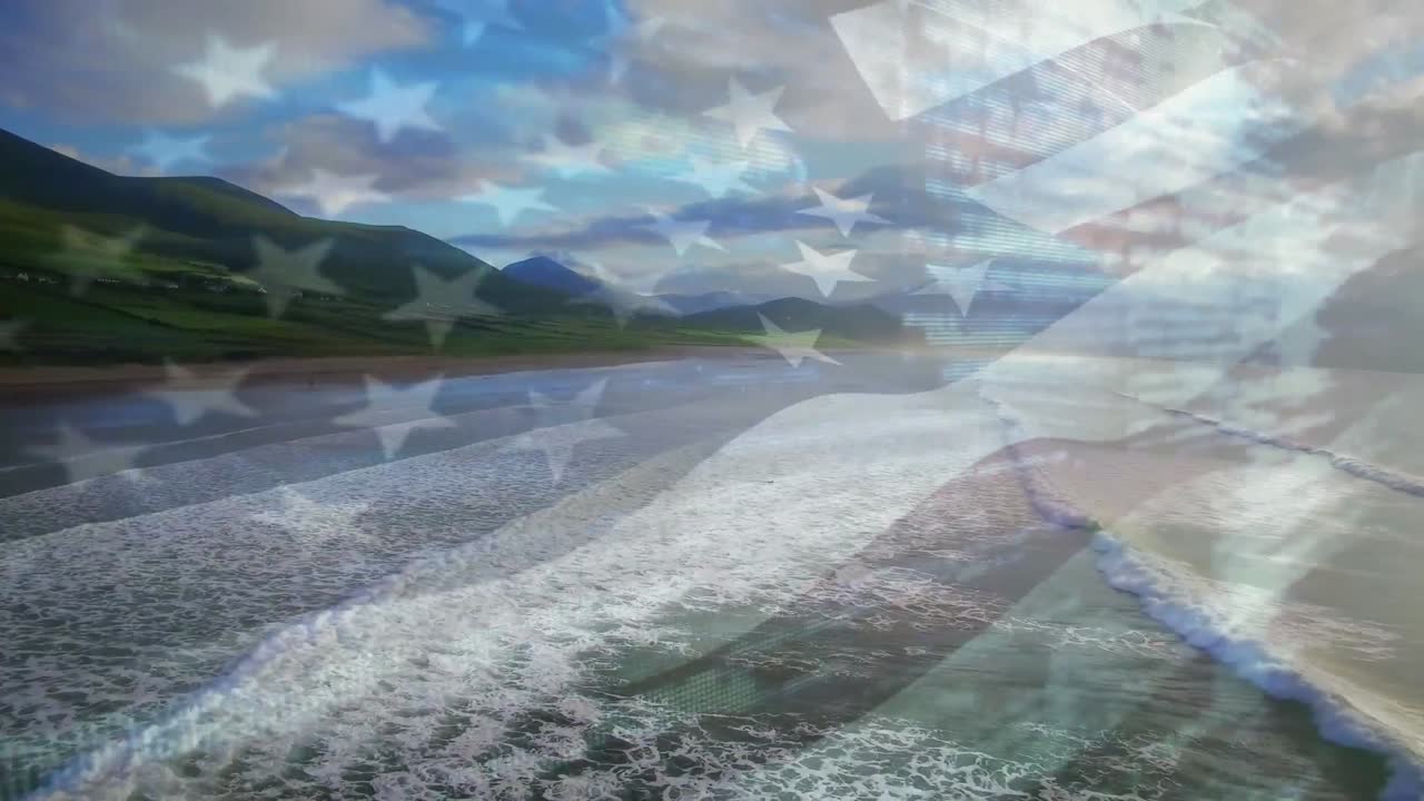 animación de la bandera de américa ondeando sobre una playa soleada y las olas rompiendo en el mar