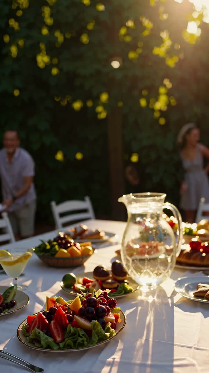Scena di un pranzo all'aperto con un tavolo illuminato dal sole apparecchiato con frutta fresca e una brocca di vetro