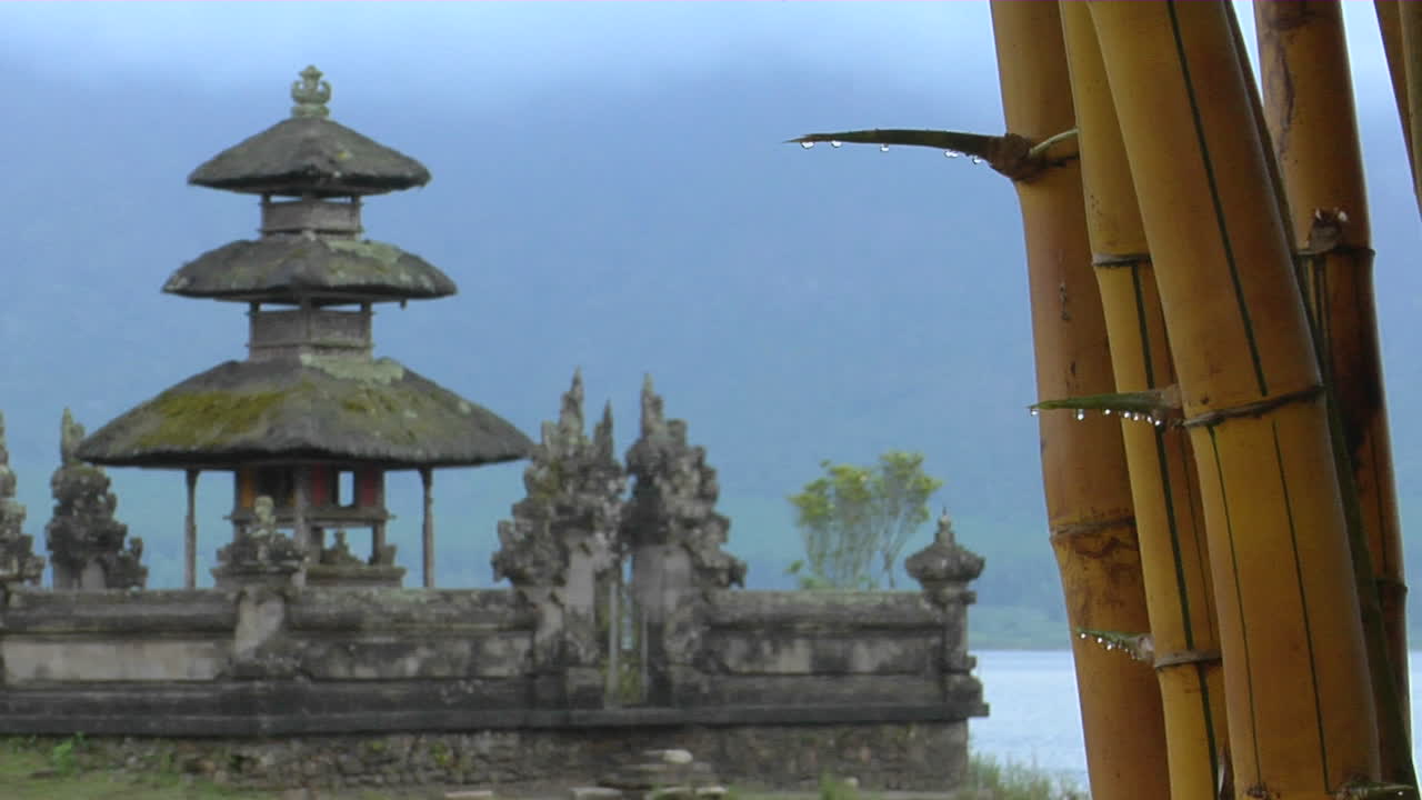 gotas de bambú con rocío en el templo de ulun danu en el lago bratan bali 1