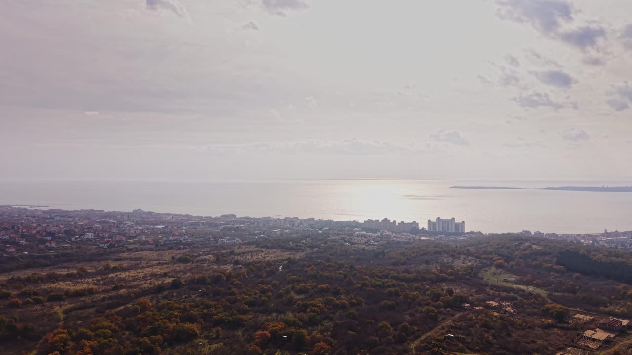 View of the Black Sea coast from the hills of Bulgaria at sunset